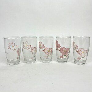 Vintage Set of 5 Floral Glass Juice Glasses Pink Blossom Design